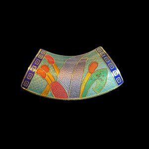 Vintage 80s Cloisonne Enamel Scarf Slide Colorful Floral